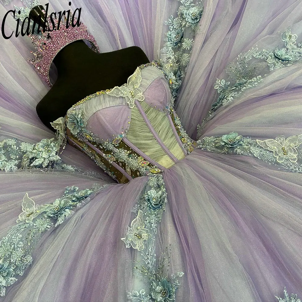 Lilac Off The Shoulder Illusion Pleat Quinceanera Dresses Ball Gown 3D Flowers Appliques Lace Corset Vestidos De XV Anos