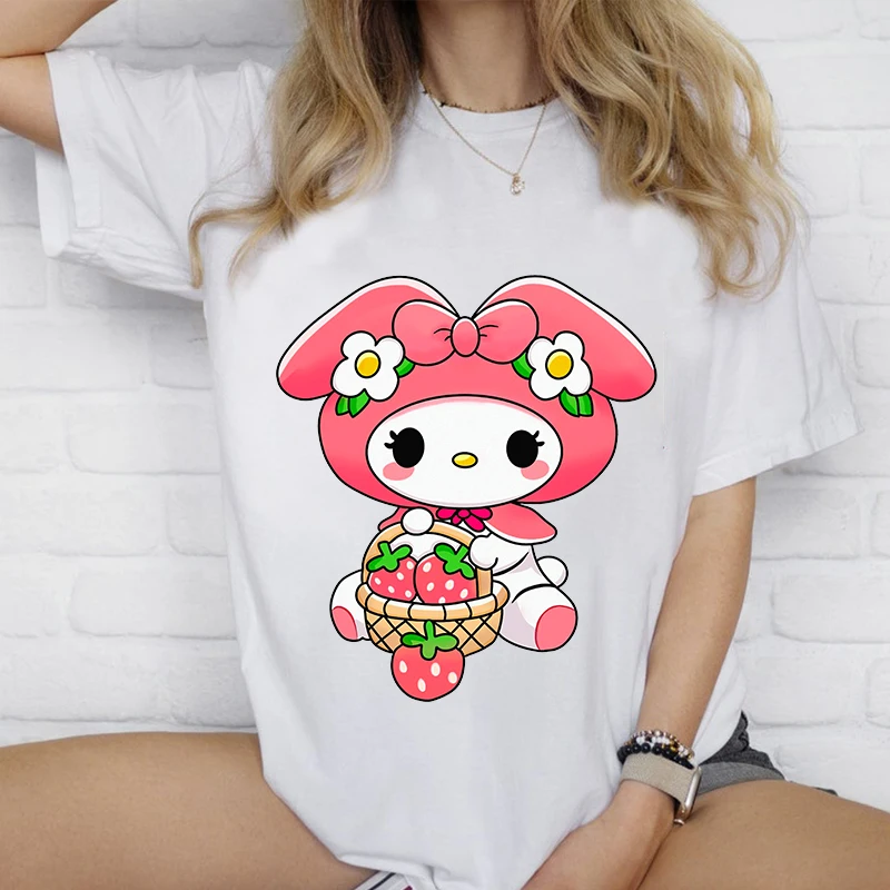 My Melody Strawberry Picking Printed Women's T-shirt Pure Cotton Short Sleeve Casual Top Personalized Women's Clothing