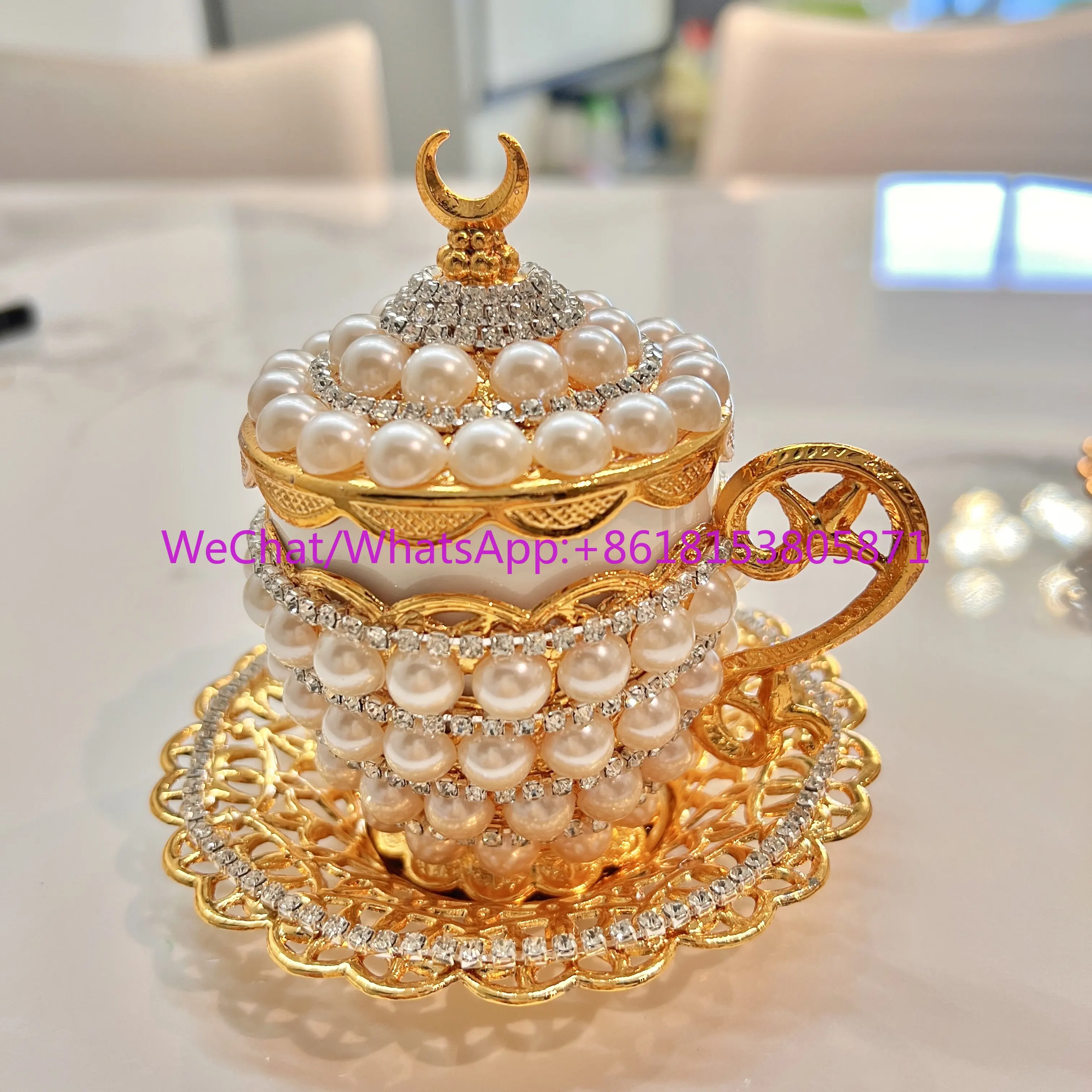 European court pearl rhinestone coffee cup metal relief tea cup luxury