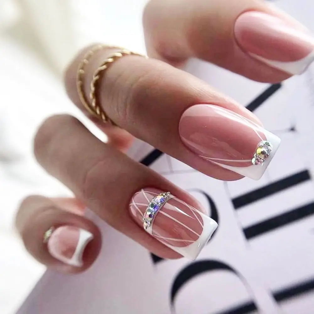 Fashion Wearable Manicure French Fake Nails Faux Fingernails Square Head Press on Nails Full Cover Short Length Nail Tips Women