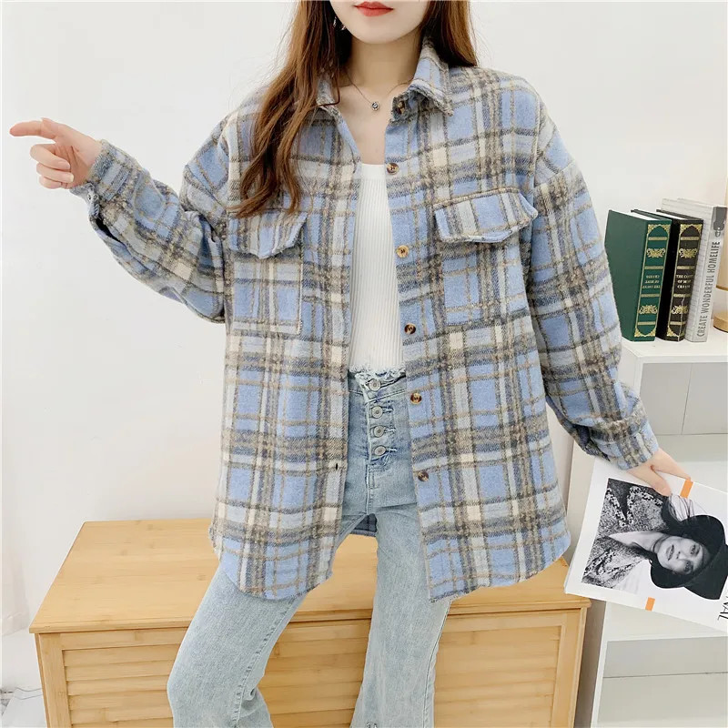 Thick Velvet Plaid Shirts Women Winter Keep Warm Blouses and Tops New Casual Loose Jacket Female Clothes Outwear KN552