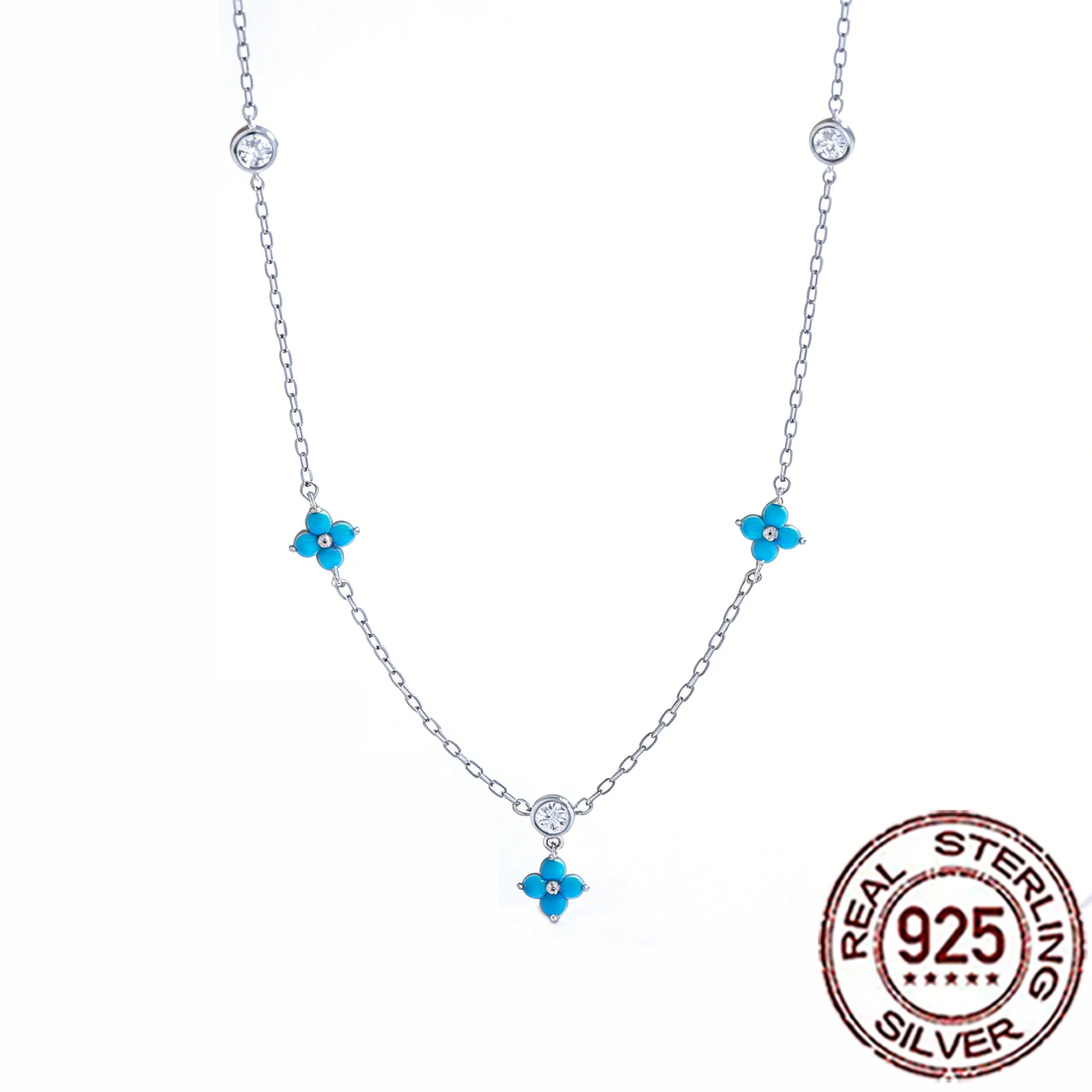 

CWWZircons Pure 925 Sterling Silver Elegant Blue Turquoise Flower Leaf Necklace Chain for Women Fine Wedding Party Jewelry SD02