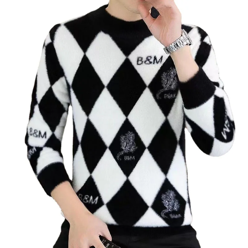 

Men Sweater Autumn Winter Warm Plus Thick Knit Sweater Men Mock Neck Argyle Men Clothes Ropa De Hombre B0024