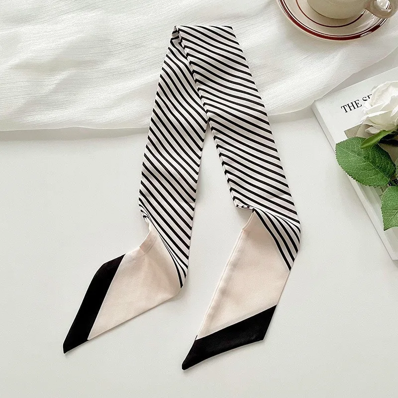 Striped Scarf Small Minimalist Professional Office Tie Versatile Lightweight Satin Hair Wrap Bag Decor Accessory for Women Daily