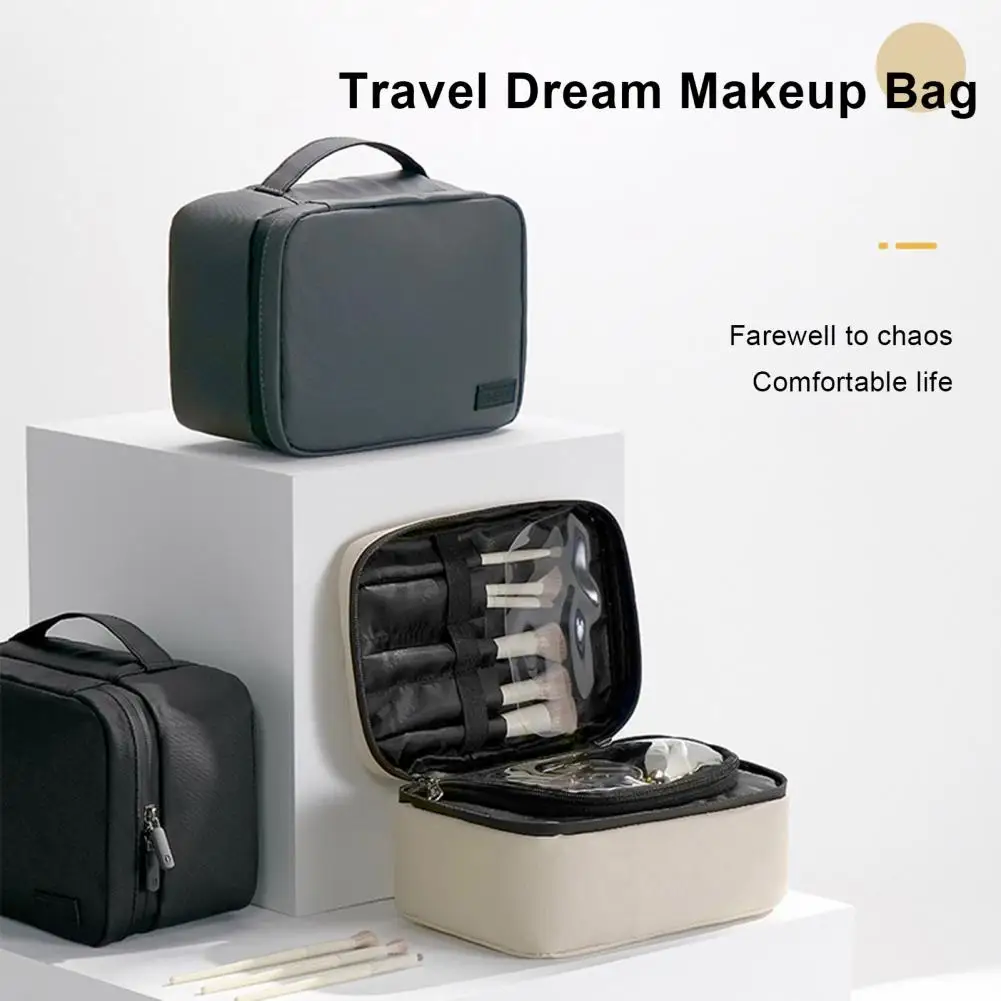 

Travel Makeup Bag with Brush Fixing Strap Waterproof Cosmetic Bag Transparent Window Toiletry Make Up Bags Toiletries Hangbag