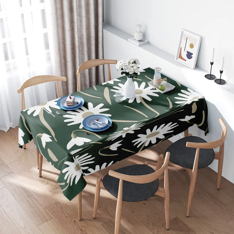 

Fashion Tablecloth Floral Home DecorModern Green Table Cover with White Daisies for Dining Room