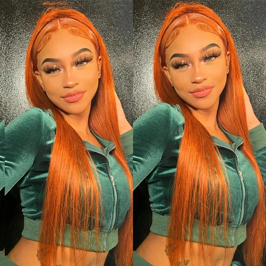 Human Hair Orange Straight Ginger 30 32 Inch 13x4 Lace Front 13x6 Lace Frontal Wig Brazilian 200 density For Black Women