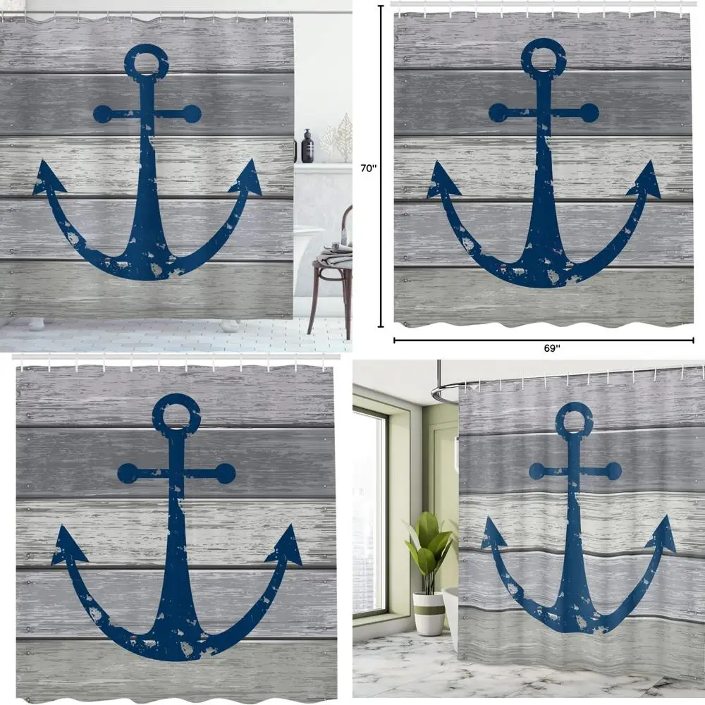 

Ячечная занавеска для душа в морском стиле с красочным парусником на состаренных деревянных панелях