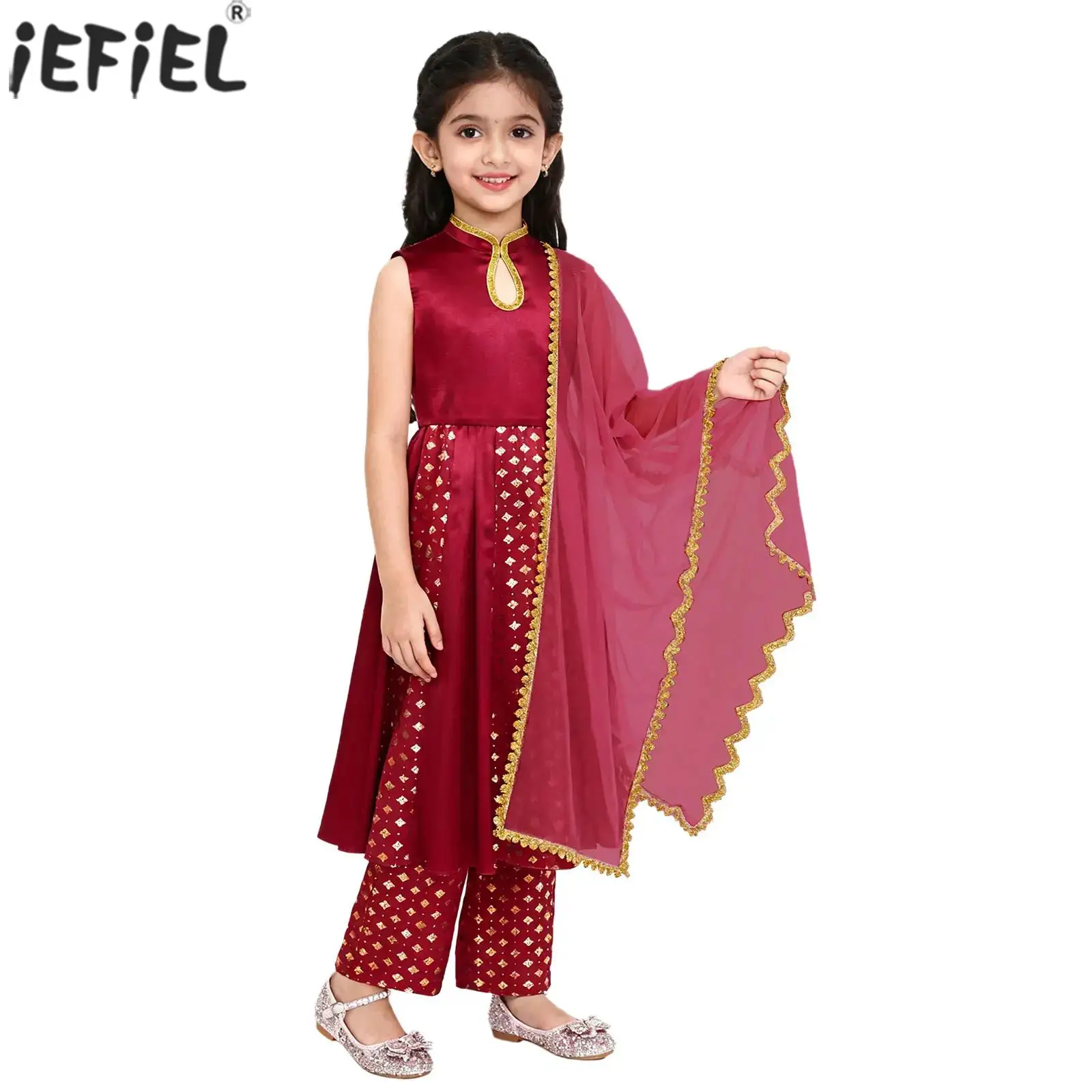 Kids Girls Indian Traditional Ethnic Costume Metallic Floral Print Dress with Pants Scarf Readymade India Ramadan Salwar Suit