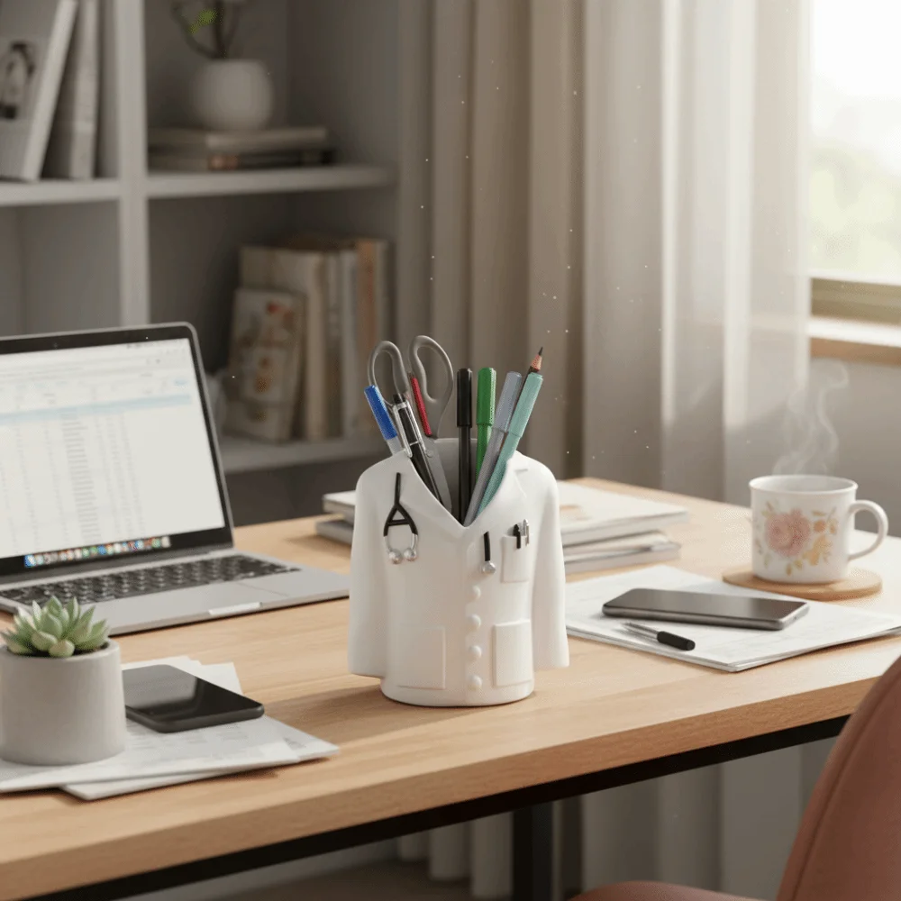 

Creative Resin White Coat Pen Holder Unique Cylinder Dried Flower Vase Decoration Novelty White Art Themed Storage Crafts