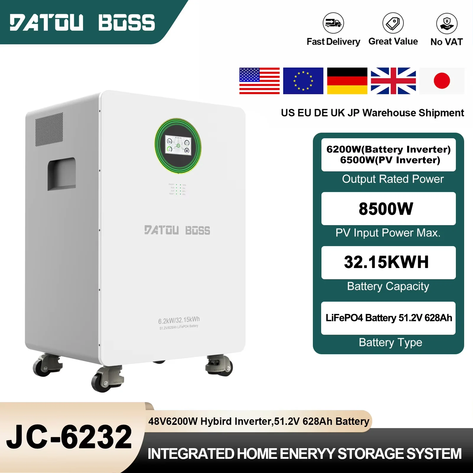 DATOUBOSS 6200W dispositif de stockage d'énergie domestique intégré 51.2V 628Ah batterie LiFePO4 32.15KWh batterie Rechargeable intégrée