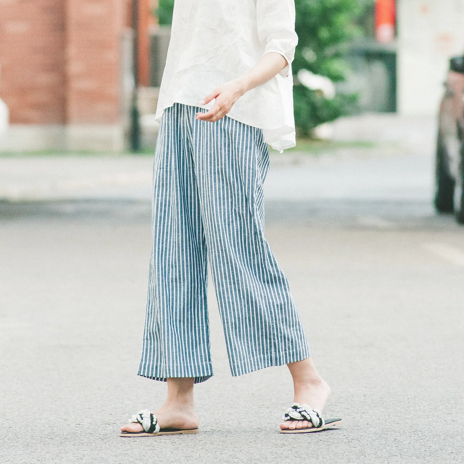 

Брюки с высокой талией и широкими штанинами из хлопково-льняной ткани, укороченные (7/8), весенне-осенние, для женщин