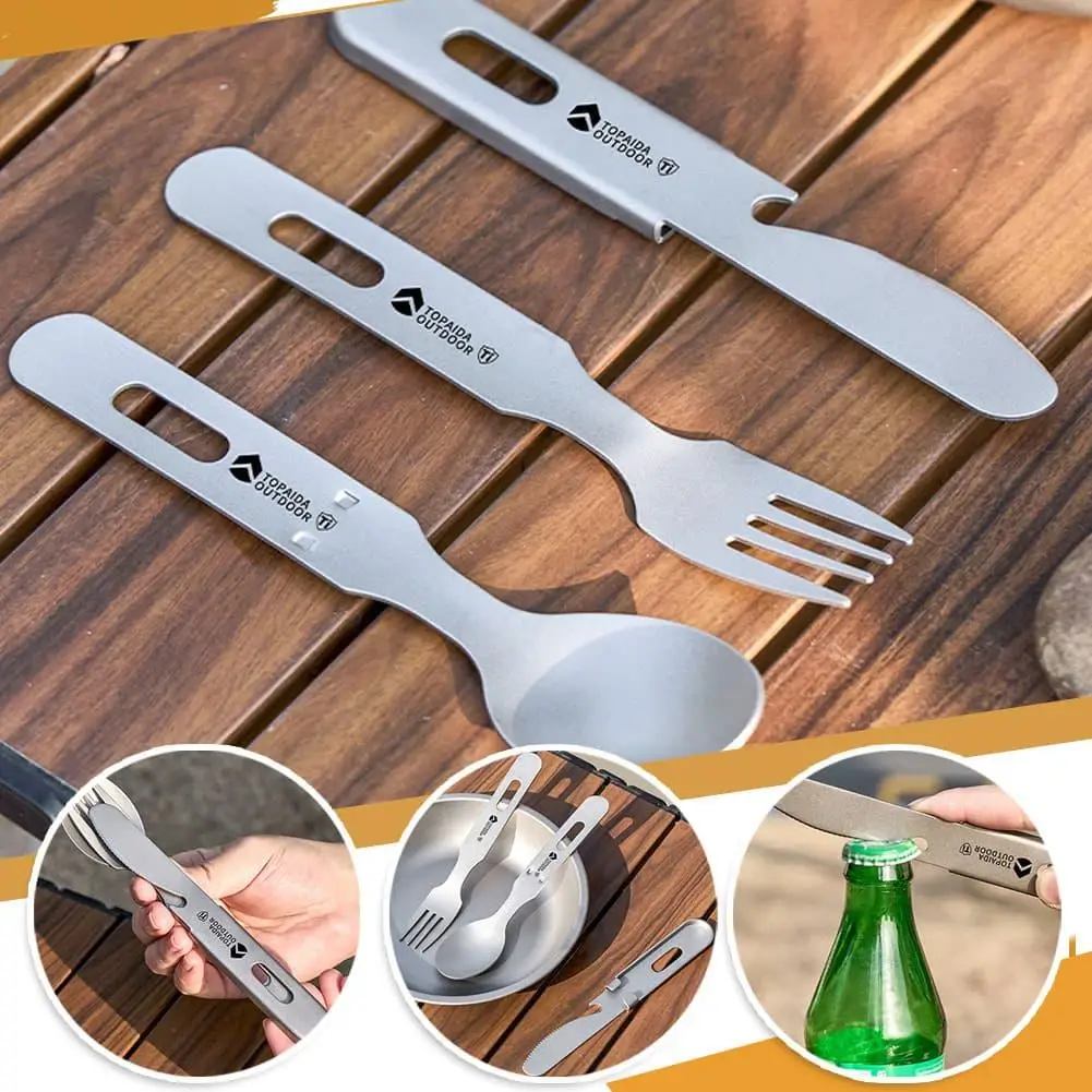 Pure Titanium Camping Cutlery Set 3PCS Lightweight Fork Spoon Knife Portable Stackable Outdoor Travel Tableware
