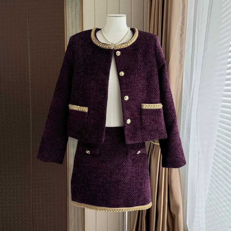 High Quality Autumn Winter Small Fragrance Two Piece Set Women French Vintage Jacket Coat + Skirts Sets Fashion 2 Piece Suits