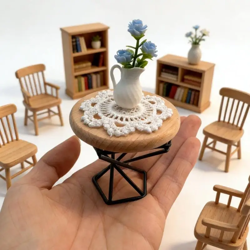 Miniature Round Coffee Table For Dollhouse 112 Scale With Vase Decorative Furniture For Bedroom Scene DIY Accessory