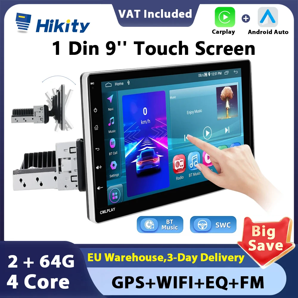 Hikity 1din Android Car Multimedia Player Carplay Rotatable Screen Bluetooth FM Radio Receiver DSP GPS Navigation autoradio