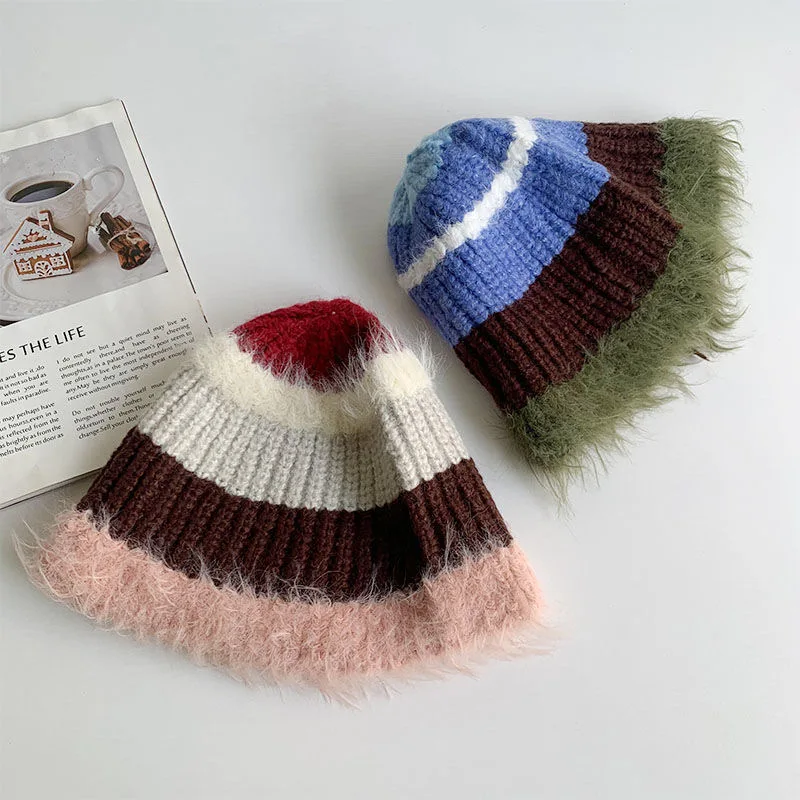 Bonnet tricoté style merslip pour femme, chapeau en laine brossée, protection des oreilles, chapeau en peluche fait main, tendance homme, automne et hiver, 7/2018