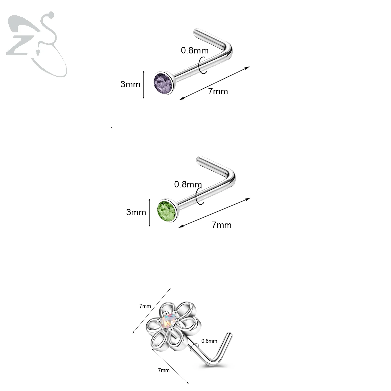 3pcs Stainless Steel Nose Stud Set with Crystals