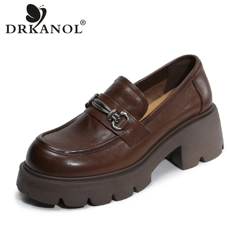 DRKANOL Women Slip On Loafers British Style Retro Chunky Platform Shoes Women Genuine Cow Leather Metal Thick High Heel Shoes