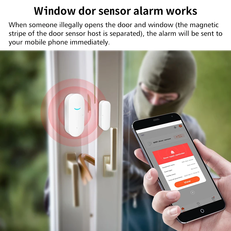 Tuya intelligent alarm WiFi sensor door open / close detector mobile app remote notification support Alexa Google home