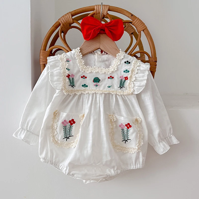 

Spring Autumn Children Clothes Infant Baby Girls Jumpsuit+Hair band Long Sleeve Cotton Embroidery Newborn Baby Bodysuits