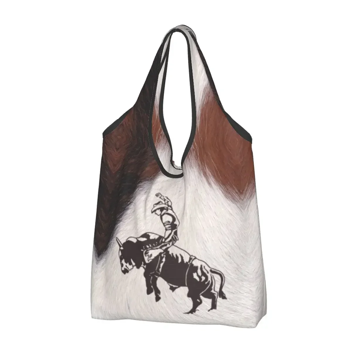 Recycling Western Cowboy Rodeo Bull Riding Cowhide Shopping Bag Women Tote  Portable Cow Texture Grocery Shopper s