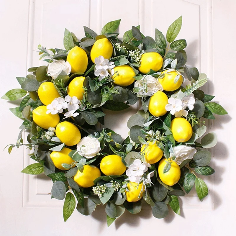 18 Inch Artificial Lemon Wreath With Yellow Lemon And Green Leaves,Fake Fruit Wreath For Home Wall And Front Door Decor