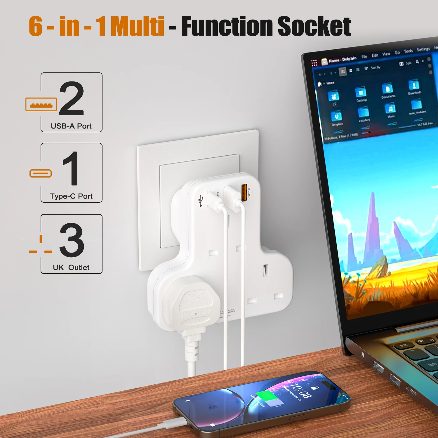 UK Plug Power Strip Multiprise Wall Socket with 3 AC Outlet 3 USB Cherger Network Filter PD QC 20W Extender Plug Adapter