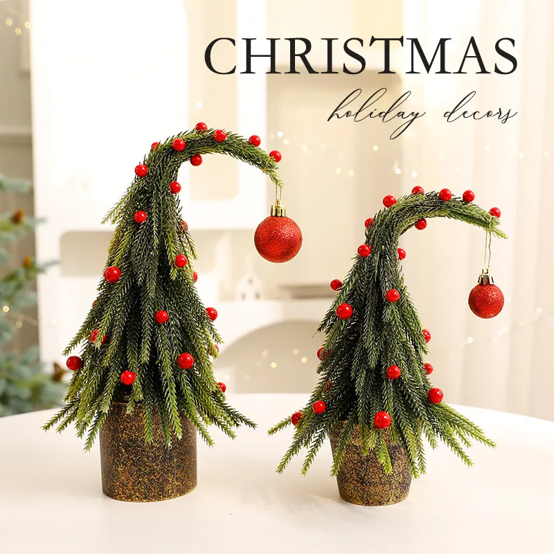 Simulated Christmas Tree Crooked Neck Christmas Tree Ornament with Hanging Ball Crooked Neck Tabletop for Xmas Decor Kids Gifts