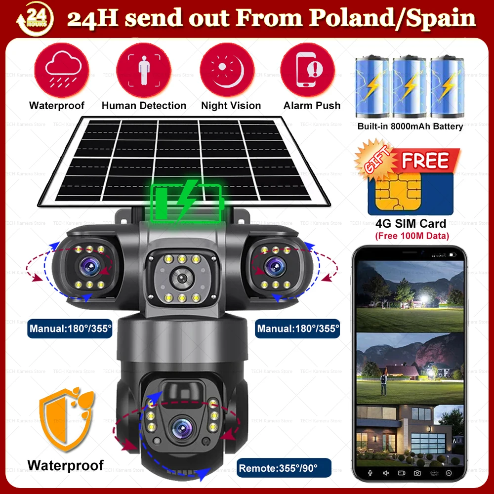 Caméra solaire 4G avec carte SIM, 3 objectifs, Surveillance extérieure, Protection de sécurité domestique, détection humaine, caméras de vidéosurveillance IP PTZ sans fil