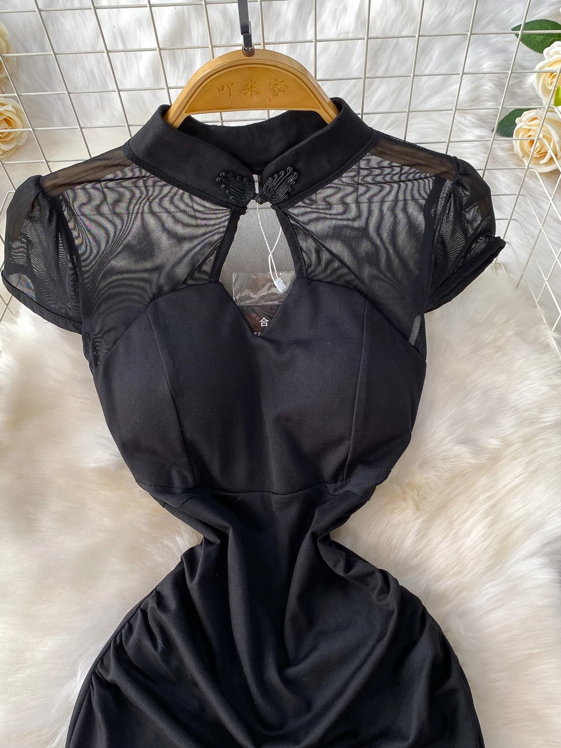 Retro Chinese Sle Sexy See-tough Me Splice Stand Collar Dr Women's Summer Pleated Waist-cinching Ele Long Dr