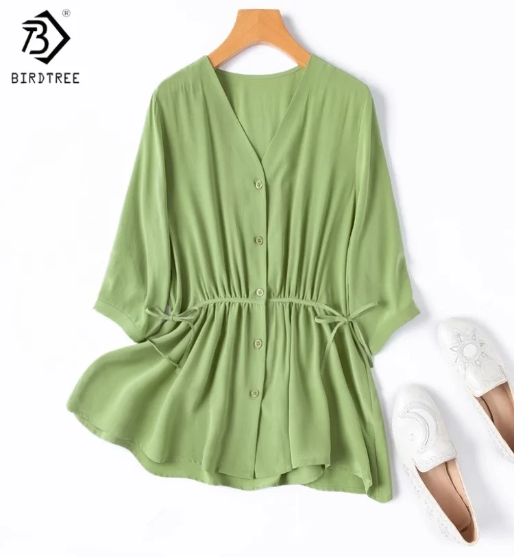 

BirdTree 100% Mulberry Silk V-neck Shirt,Woman Double Crepe Waist Tie Half Sleeve Green Elegant Blouse Tops,2025 Summer T56609JF