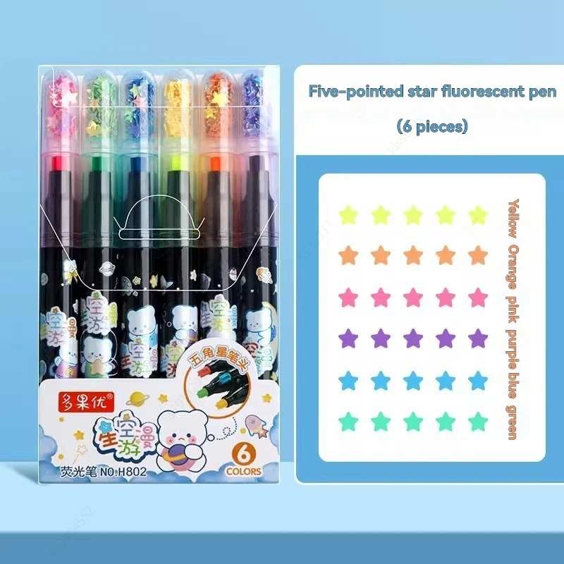 6Pcs/set Cute Star Stamp Highlighter Color Art Marker DIY Hand Account Pen Office Stationery Student School Drawing Supplies