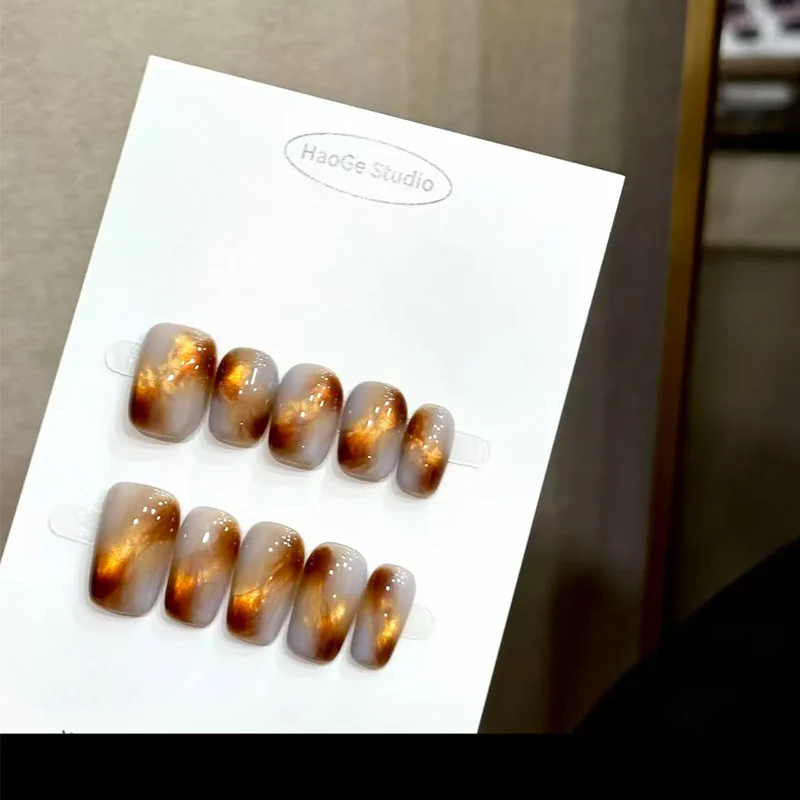 

10 шт., пресс ручной работы на ногтях, размазывание, постепенное изменение, увлажняющие кошачий глаз, чистые носимые съемные типсы ручной работы