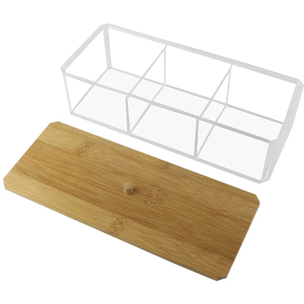 

Bathroom Organizer 3 Compartment Cotton Pad Holder Bamboo Acrylic Material Clutter Free Storage Container Easy Access