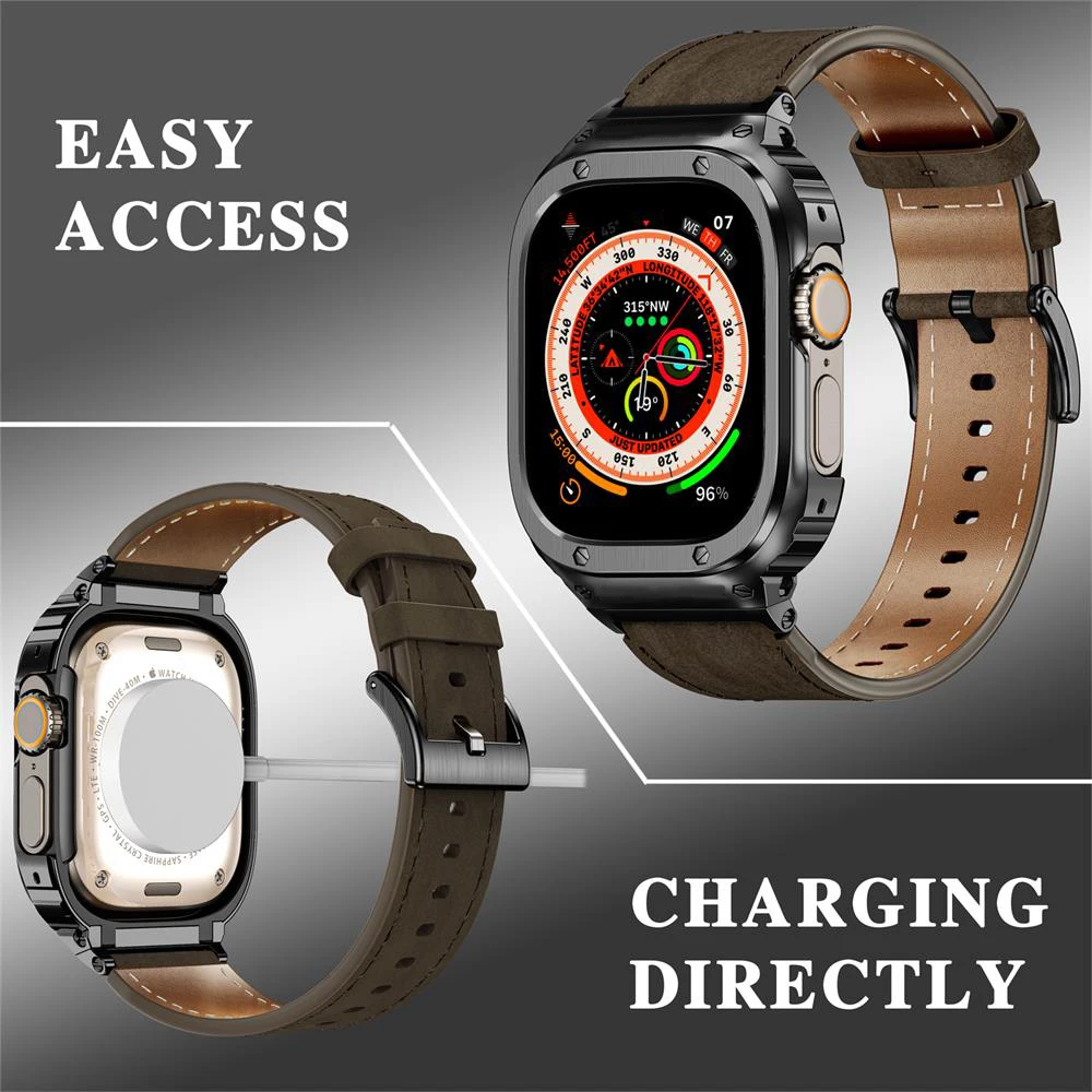 Caixa de metal e pulseira de couro genuíno para Apple Watch, banda 49mm, 44mm, 45mm, 40mm, 41mm, pulseira Correa, iWatch Series SE, 4, 5, 6, 7, 8, ultra