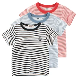 2024 Summer New Boys Casual Pinstripe Short Sleeve O-Neck T-Shirt Children's Clothing Kids Clothes Boy Cotton Tops Tees Dropship