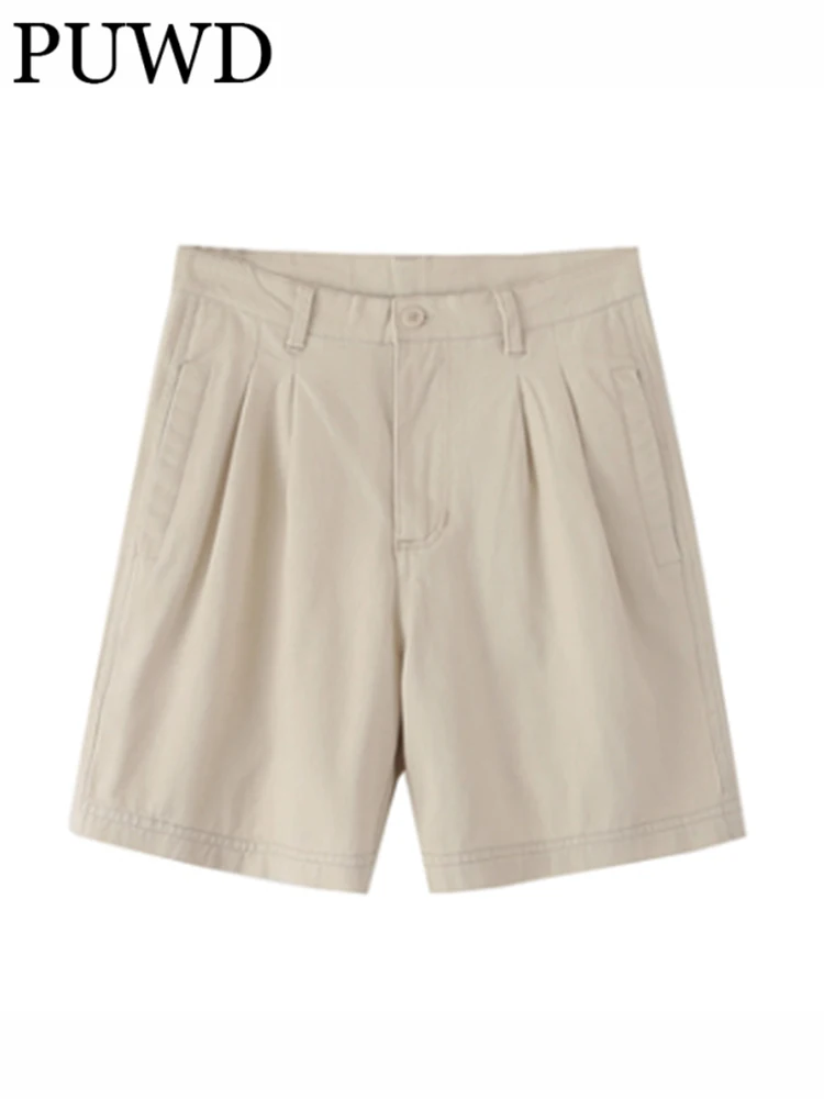 

PUWD Casual Women Khaki High Waist Cropped Pants 2022 Summer Fashion Ladies Overall Female Knitted Pocket Shorts
