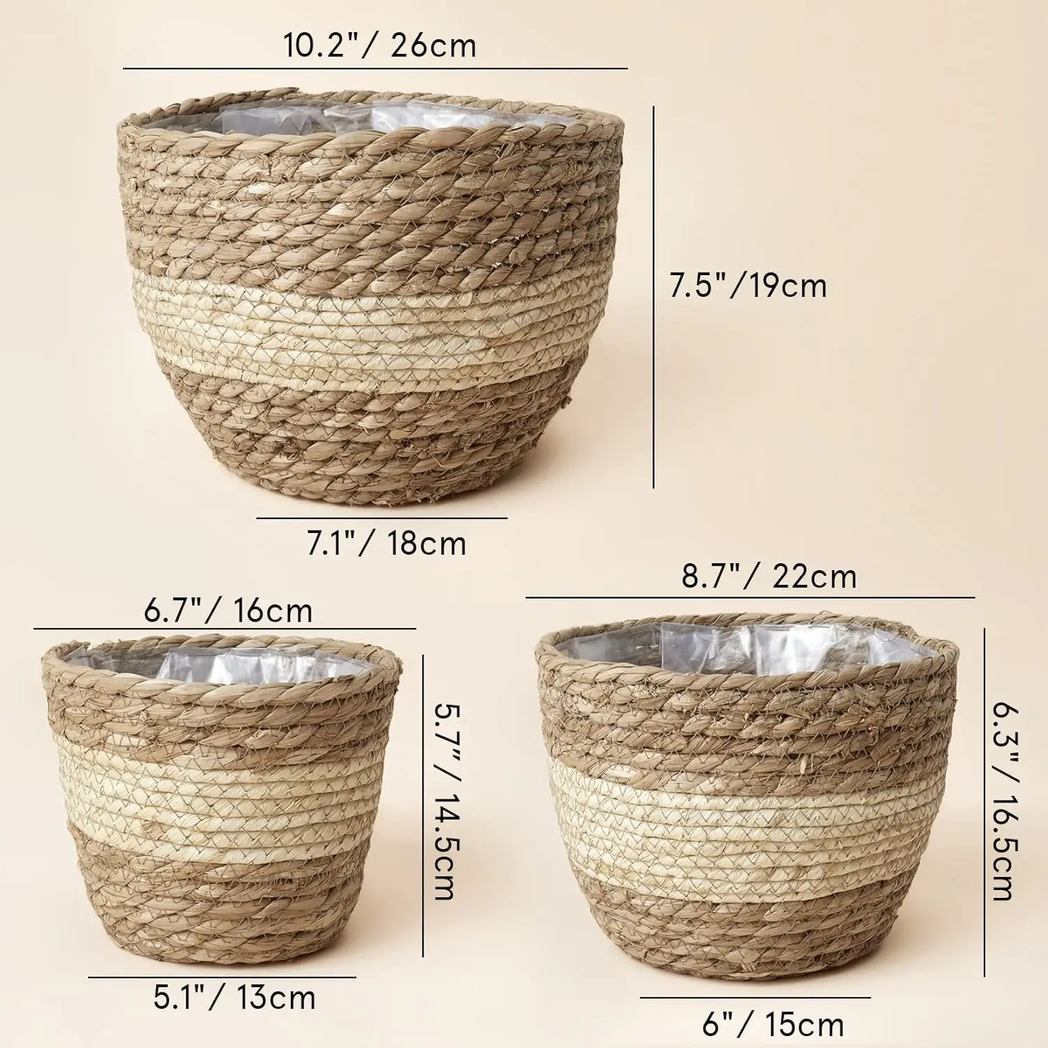 1PCS Seagrass Planter Basket Indoor Outdoor Flower Pots Cover Plant Containers Beige Woven Pot for Home Office Garden Decor