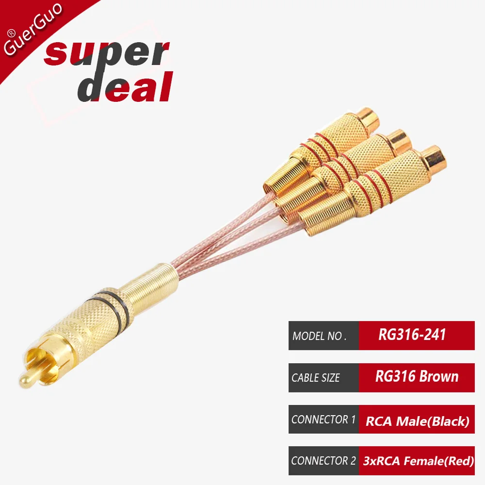 RG316 Cable RCA Audio Cable 3 Way 1 Male to 2 Female RCA Y Splitter Adapter Speaker Amplifier Sound RCA to 2X 3X RCA Male Female