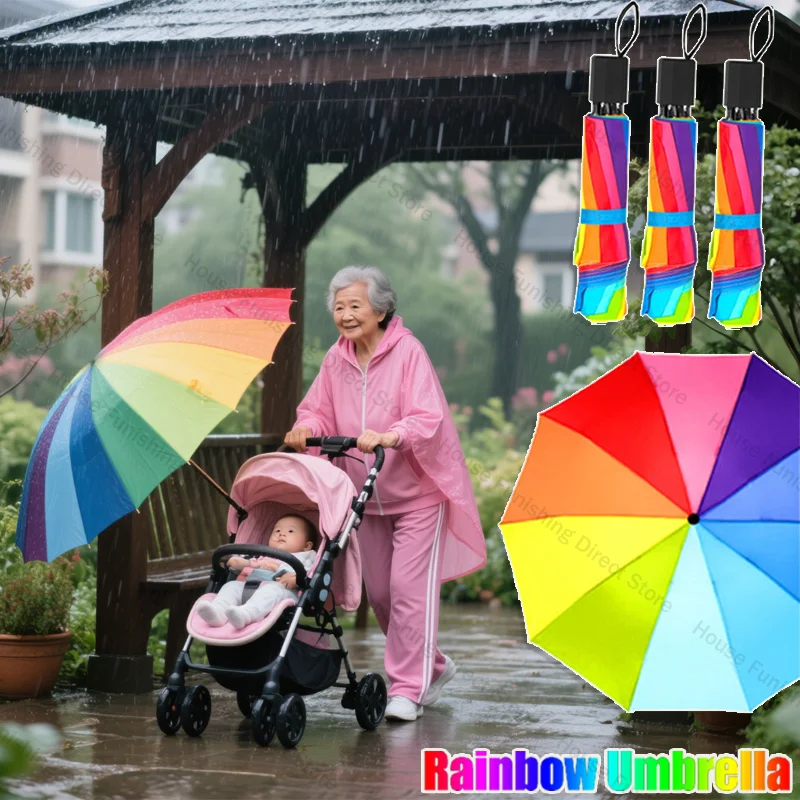 

Portable Folding Umbrella for Baby Stroller Manual Open Windproof Rainbow Long Handle Straight Design Travel Safety Accessories