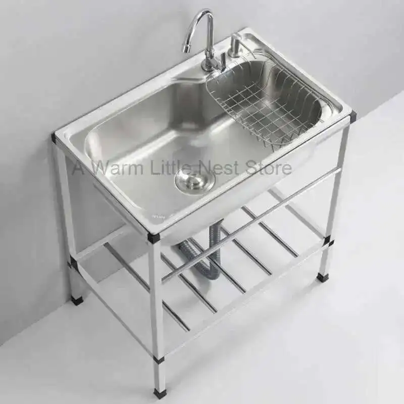 

Thick Stainless Steel Kitchen Sinks with Bracket Multifunction Single Wash Basin Floor-standing Commercial Kitchen Washing Sinks