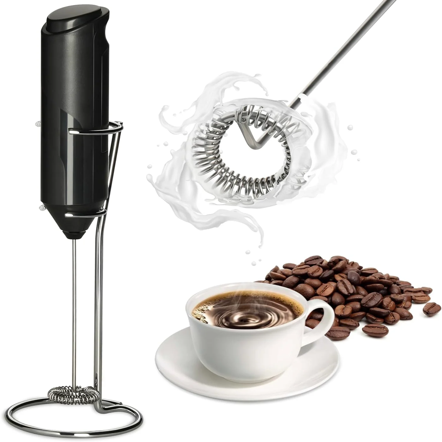 

Milk Frother with Stainless Steel Stand, Battery Operated Whisk Maker Hand Drink Mixer for Coffee, Lattes, Cappuccino, Matcha,