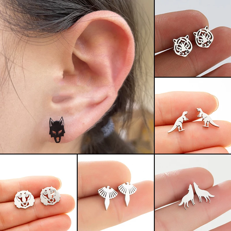 Neo-gothic Stainless Steel Tiger Wolf Earring Terrible Animal Ear Jewelry Cool Girls Bulldog Dinosaur Earrings Gifts Accessories