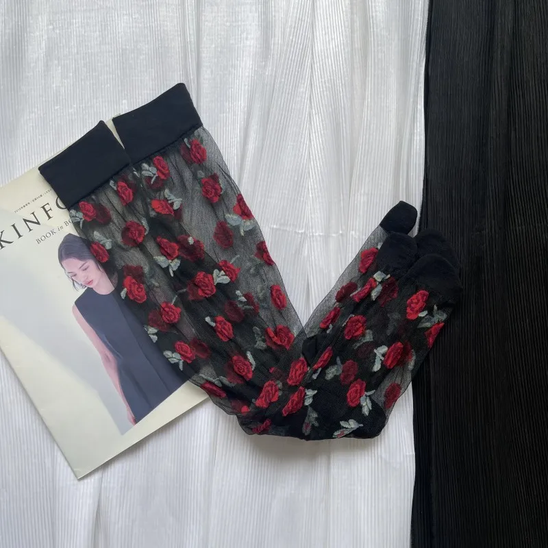 Ultra-Thin Transparent Woman Split Toe Socks Black White Summer Crystal Silk Love Hollow Out Sheer Two-Toed Japanese Tabi Sox
