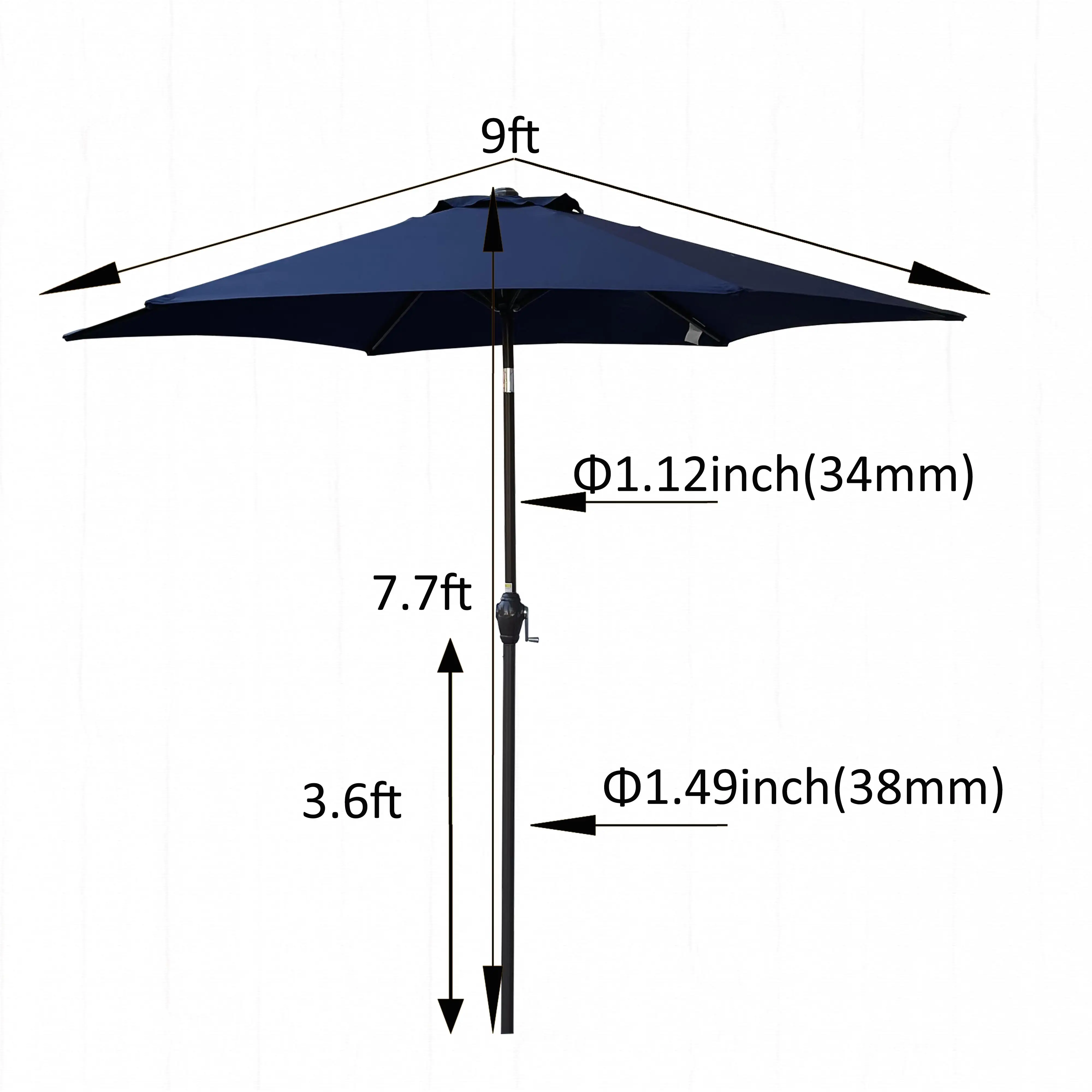 9FT Navy Blue Outdoor Umbrella - Patio Shade Canopy for Garden, Deck, & Beach Use