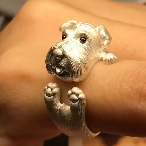 Cute Schnauzer Dog Open Ring for Women Men 3D Pet Puppy Adjustable Wrap Ring Animal Lover Jewelry Gift for Dog Owner Accessories