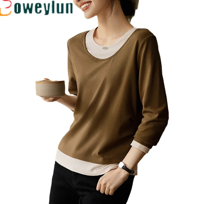 

Boweylun Color Collision Splicing Fake Two-Pieces Long-sleeved T-shirt Female Spring and Autumn New Casual Round Neck Tops