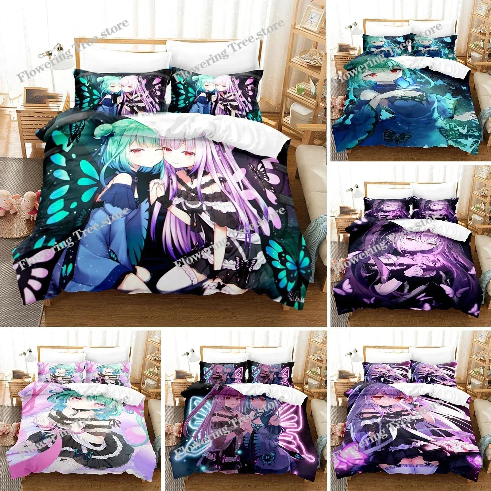 3D Printed Uruha Rushia Bedding Set Anime Hololive Butterfly Girl Duvet Cover Double Twin Full Queen King Adult Kids Quilt Cover