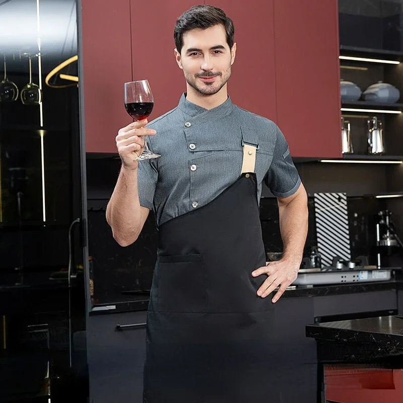 Manteau de Chef blanc avec Logo, veste de Chef à manches courtes, tablier pour tête d'été, uniforme de Chef, vêtements de cuisine de Pizza de Restaurant d'hôtel